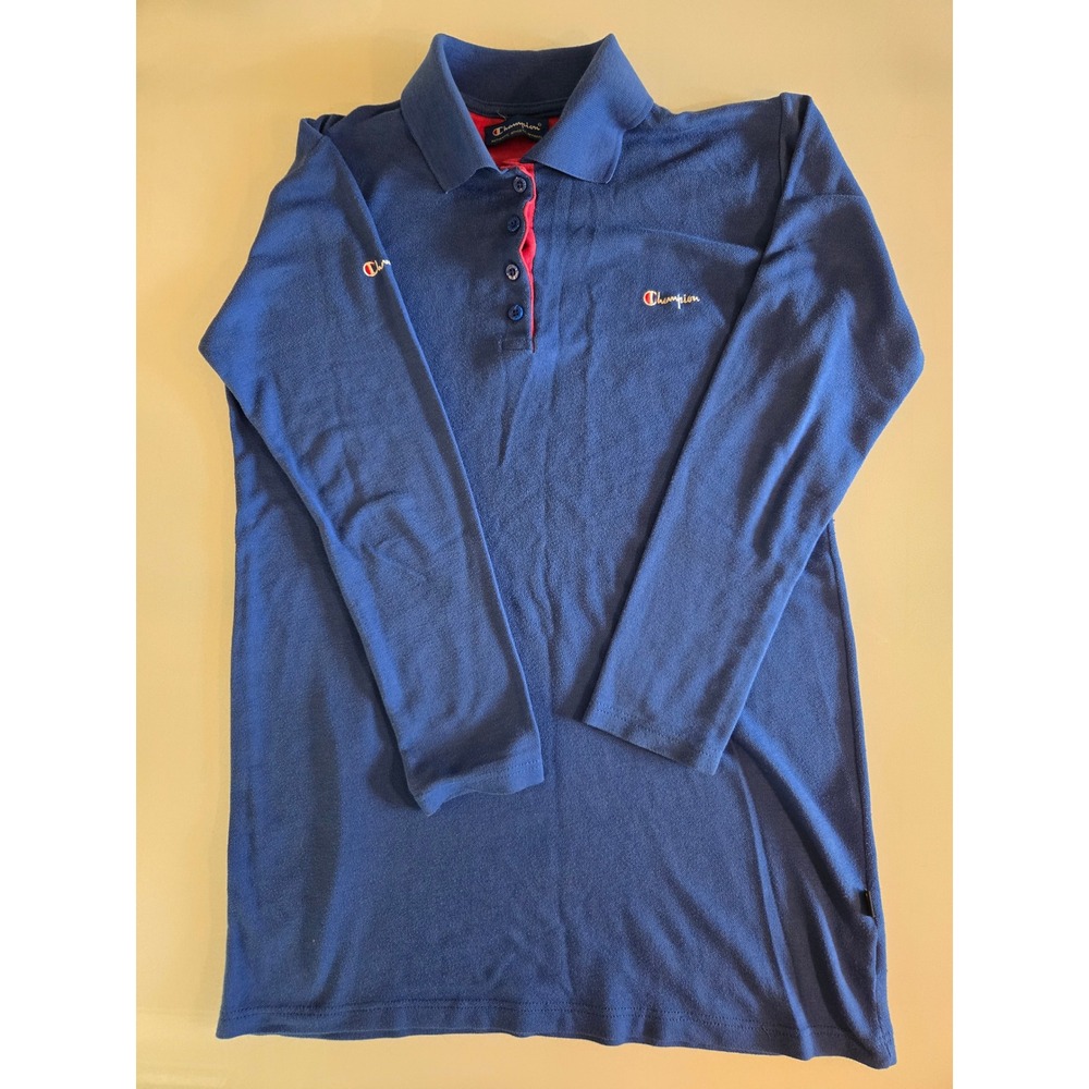 Champion Mens XXL Long Sleeve Polo Shirt Navy Blue Red Trim Athletic Logo